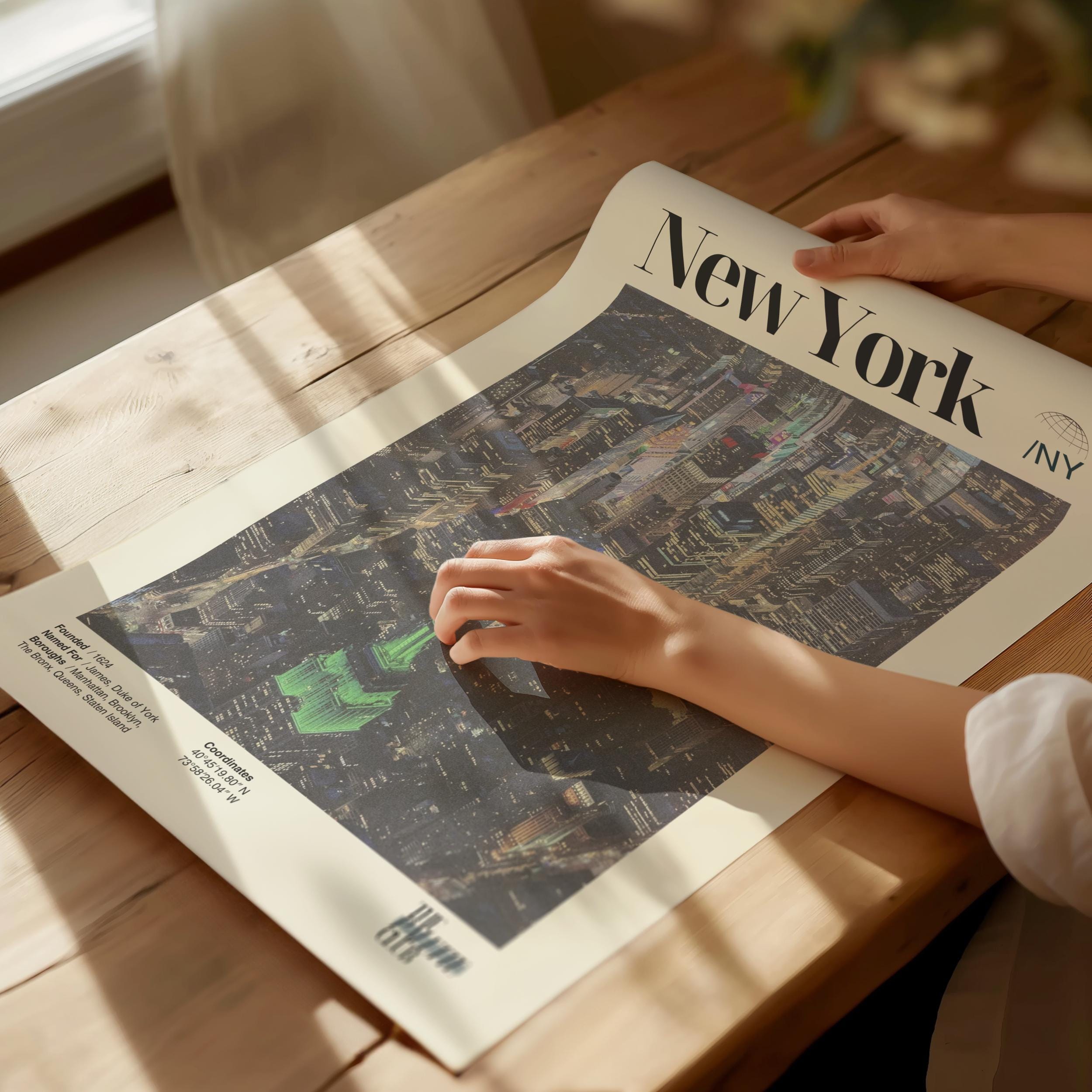 New York City Poster, NYC Nighttime Skyline Print, Mid-Century Modern Wall Art, Big Apple Housewarming Gift, Unique Manhattan Travel Poster