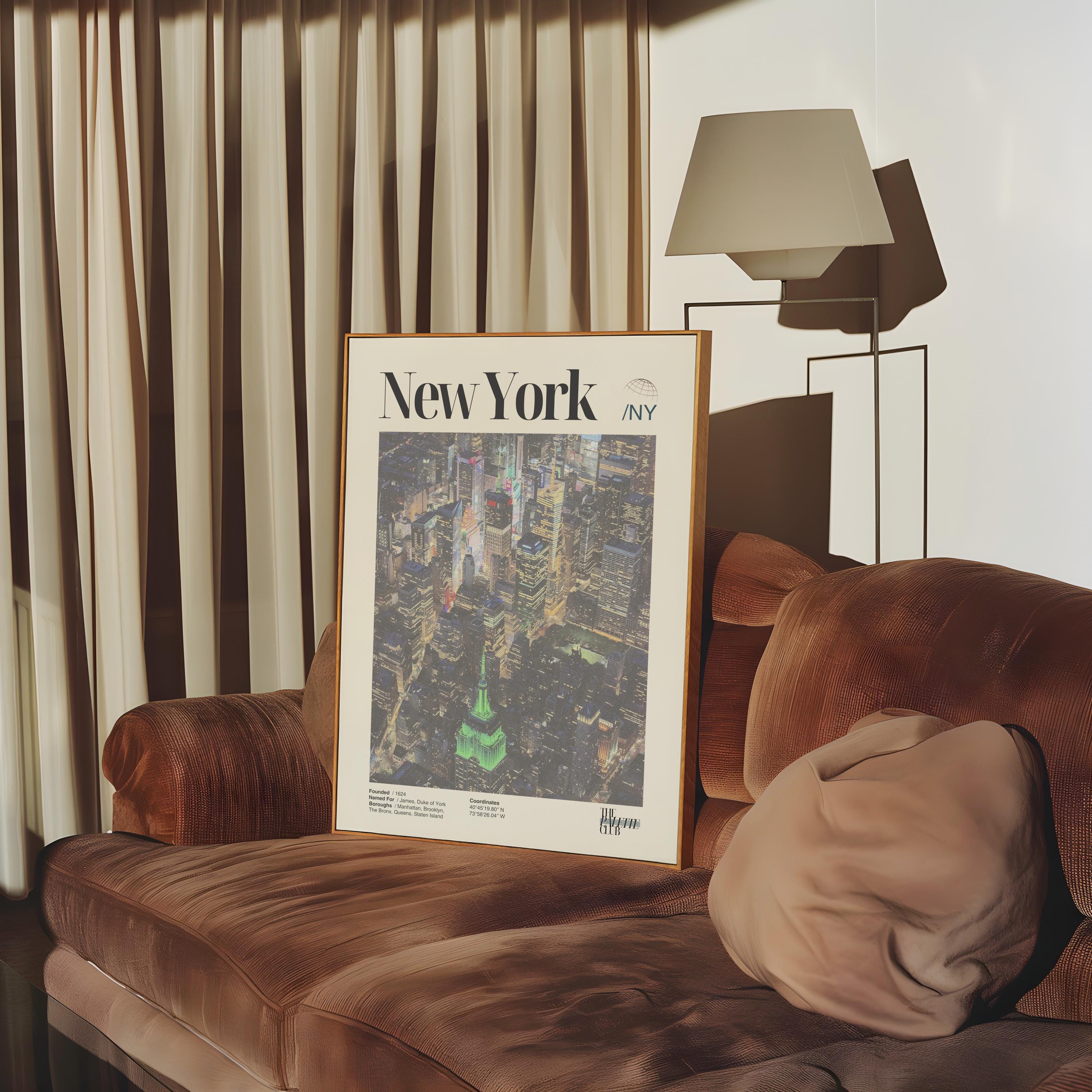 New York City Poster, NYC Nighttime Skyline Print, Mid-Century Modern Wall Art, Big Apple Housewarming Gift, Unique Manhattan Travel Poster
