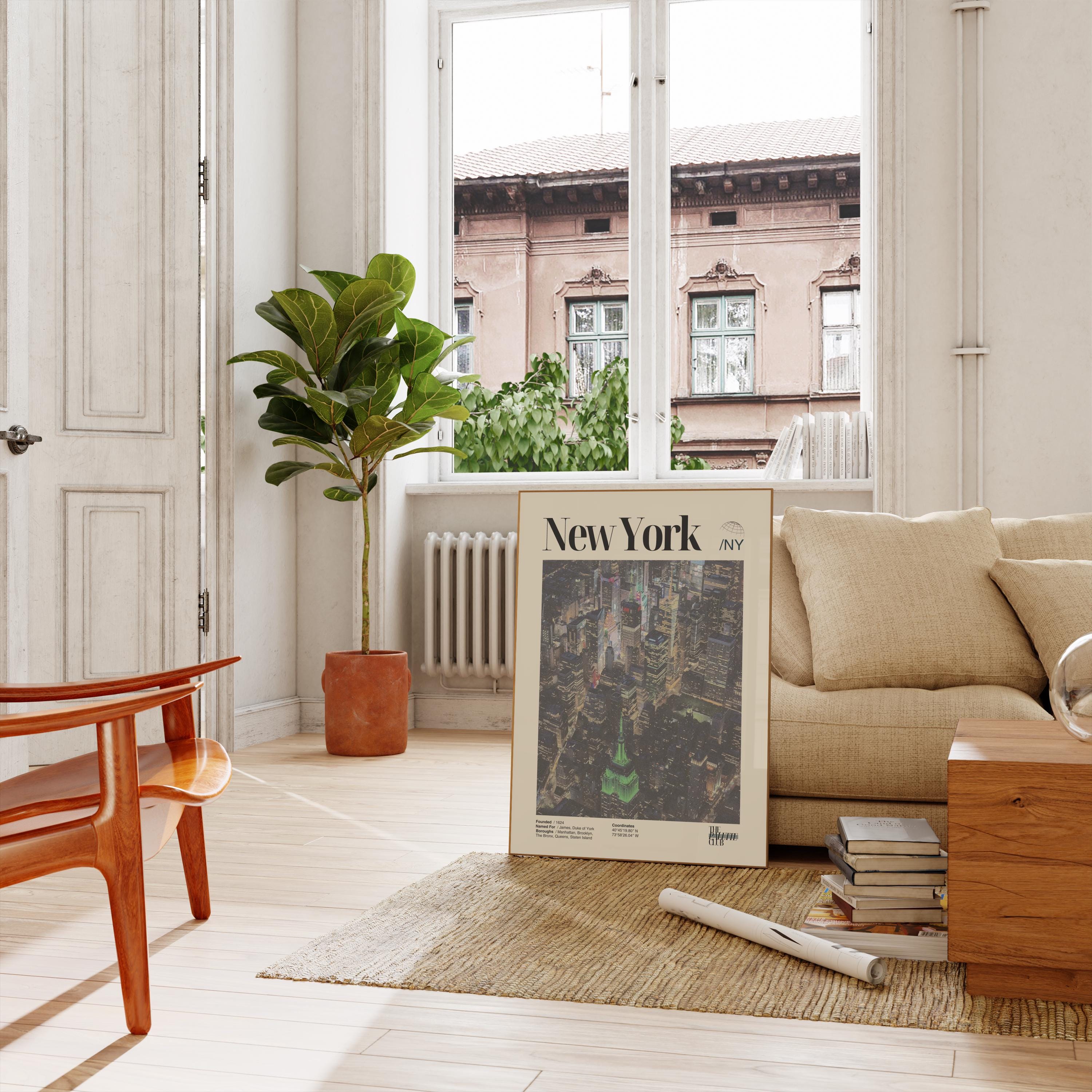 New York City Poster, NYC Nighttime Skyline Print, Mid-Century Modern Wall Art, Big Apple Housewarming Gift, Unique Manhattan Travel Poster
